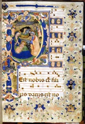Die Geburt Christi, dargestellt in einem Chorbuch aus dem 14. Jahrhundert. Mailand, Biblioteca Nazionale Braidense.