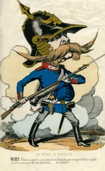 Das Zündnadelgewehr - Porträt von Otto von Bismarck (1815-1898), Kanzler von Preußen - Mars, der Kriegsgott, selbst als Preuße verkleidet, um das Zündnadelgewehr auszuprobieren und den Österreichern einen bösen Streich zu spielen... Karikatur