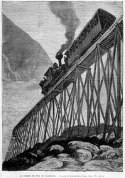 Die Pazifik-Eisenbahn auf der Dale Creek Holzbrücke - Gravur, späte 19. Jahrhundert