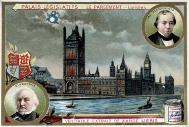 Der Palast von Westminster, oder Parlament von London (England), mit Porträts von William Ewart Gladstone (1809-1898) und Benjamin Disraeli, Lord Beaconsfield (1804-1881)