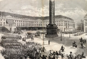 Die Pariser Feste, die italienische Armee defiliert vor dem Kaiser auf der Place Vendome - Italienkrieg - Rückkehr der Truppen, Place Vendome, Paris, Begrüßung durch Napoleon III.