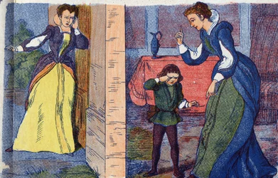 Die Königinmutter entdeckt den Rückzugsort der Königin und ihrer Kinder. Anonyme Illustration für „Dornröschen“, Märchen von Charles Perrault (1628-1703), französischer Schriftsteller. Bild von Marcel Vagne, Jarville Nancy, undatiert (spätes 19. Jahrhunder