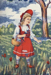 Rotkäppchen hat Blumen. Illustration für „Rotkäppchen“, Märchen von Charles Perrault (1628-1703), französischer Schriftsteller. Anonyme Illustration. Bildmaterial Marcel Vagne, Jarville Nancy, undatiert (spätes 19. Jahrhundert)