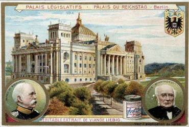Der Reichstagspalast in Berlin, und Porträts von Bismarck und Windthorst