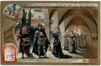 Der Save Akt II Szene 7. Illustration für die Oper „Il trovatore“ von Giuseppe Verdi (1813-1901). Chromolithographie (Chromo) Liebig aus dem späten 19. Jahrhundert.
