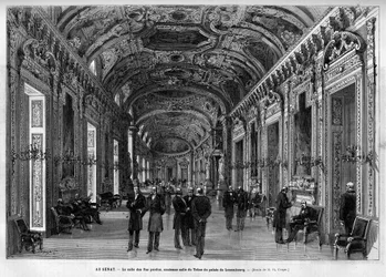 Die Lobby des Senats, ehemaliger Thronsaal, Palais du Luxembourg. In „Le Monde illustré“ 1883