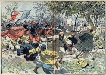 Die sudanesischen Truppen von Samory Toure wurden hinter den Ufern des Cavalby-Flusses von einer französischen Kolonie unter Leutnant Walfel aufgestellt. Sudan, 9. September 1898. Illustration in „Le Pelerin“ vom 9. Oktober