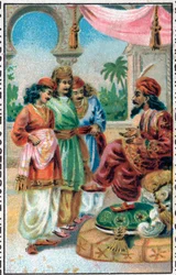 Der Sultan und seine Söhne. Geschichte von Prinz Ahmed und der Fee Paris-Banou. Geschichte aus 1001 Nacht. Chromolithographie aus dem späten 19. Jahrhundert.