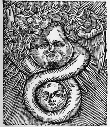 Die Sonne und der Mond: vereint durch den Drachen - Gravur aus dem Werk von Basil Valentine „Das Azoth der Philosophen“. Paris