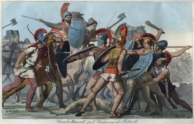 Der Trojanische Krieg - Kampf um den Leichnam des Patroklos - Stich aus „Usi e Costumi di Tutti i Popoli dell