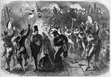 Der Karneval von Venedig: Maskerade auf dem Markusplatz (Piazza San Marco). Gravur in „Das Illustrierte Universum“