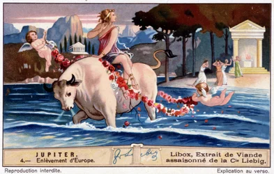 Die Entführung Europas durch Jupiter, dargestellt als weißer Stier - Libox Chromolithographie, produziert von Liebig