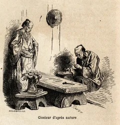 Der Naturbildhauer. Gravur zur Illustration der Reise nach Japan in den Jahren 1863-1864, von Aime Humbert, Minister der Schweizerischen Eidgenossenschaft, in „Le tour du monde, nouveau journal des voyages“, veröffentlicht unter der Leitung von Edouard Cha