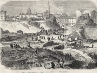 Das gallo-römische Amphitheater entdeckt in der Rue Monge in Paris im Jahr 1870, heute die Arenes de Lutèce. Gravur des 19. Jahrhunderts