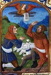 Der Engel kündigt den Hirten die Geburt Jesu an. Manuskript des 15. Jahrhunderts. Biblioteca Nazionale Braidense, Mailand