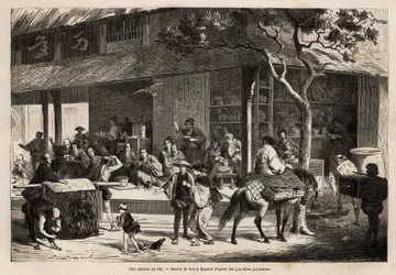 Die Animation eines Hauses und die Aktivitäten der Straße. Gravur zur Illustration der Reise nach Japan, 1863-1864, von Aime Humbert, Minister der Schweizerischen Eidgenossenschaft, in „Le tour du monde, nouveau journal des voyages“