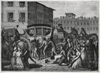 Die Ankunft von Papst Pius VI. (Giovanni Angelo Braschi genannt Pius VI., PIO 1717-1799) in Grenoble im Jahr 1799. Gravur von 1800.