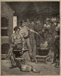 Die Kunst des Glases: Erfahrung mit Batavischen Tränen. Tropfen geschmolzenen Glases werden in ein kaltes Wasserbad getropft, das in Form von Tränen erstarrt. Gravur von 1885 in „Les arts et metiers illustres“ von Adolphe BITARD