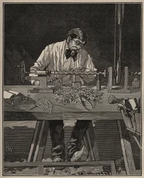 Die Kunst des Drehens: Bearbeitung einer Torso-Säule. Gravur von 1885 in „Les arts et métiers illustrés“ von Adolphe Bitard.