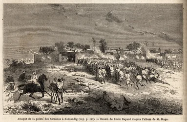Der Angriff auf Sansandig durch die Armee von König Ahmadou (Toucouleur), wo geflüchtete Bambara Zuflucht fanden. Illustration der Reise in den westlichen Sudan von Leutnant (Marine) M. Mage, 1863-1866, veröffentlicht in "Le tour du monde, nouveau journal