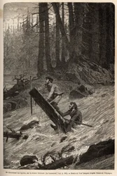 Der Autor und sein Reisender, Mcdonald, die Stromschnellen des Nittinaht-Flusses (Vancouver Island) auf einem provisorischen Floß hinunterfahrend. Gravur zur Illustration der Reise und Abenteuer in Englisch-Kolumbien, Vancouver Island und Alaska, von Frede