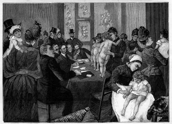 Der Baby-Wettbewerb. Mutter zeigt ihr nacktes Kind vor der Jury in der Rue du Cloitre Notre Dame (Cloitre-Notre-Dame) in Paris für die Wahl des schönsten Babys. Gravur in "Le Monde illustré"