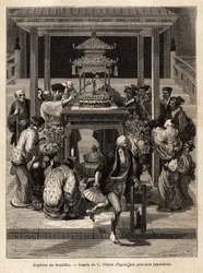 Die Taufe des Buddha, ein jährliches Fest, das am 8. Tag des 4. Monats stattfindet, Gläubige begießen die für den Anlass vor den Tempeln ausgestellte Bronzestatue des Buddha. Gravur zur Illustration der Reise nach Japan, von Aime Humbert, Min