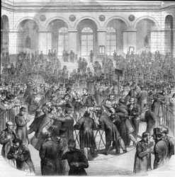 Der Korb der Börsenmakler an der Pariser Börse im Jahr 1865. Gravur nach der Zeichnung von M.G. Roux