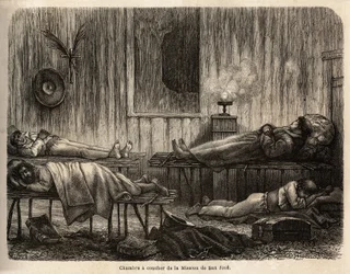 Das Schlafzimmer der christlichen Mission von San Jose (Peru), das den Autor während seiner Reise aufnimmt. Illustration der Reise vom Pazifik zum Atlantik durch Südamerika, 1848-1860 von Paul Marcoy, in 