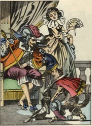 Der gestiefelte Kater bietet dem König das Kaninchen von seinem Herrn, dem Marquis von Carabas, an. Illustration des Märchens „Der gestiefelte Kater“ von Charles Perrault.
