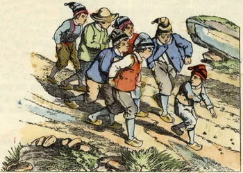 Die Brüder folgen dem kleinen Poulet, der weiße Kieselsteine auf dem Weg verstreut hat. Illustration aus dem Märchen „Der kleine Däumling“ von Charles Perrault