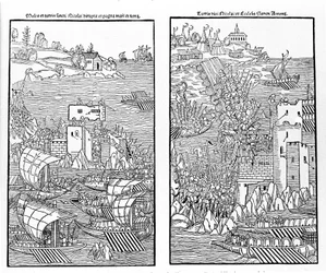 Die Eroberung von Rhodos durch die Türken 1522. Die Türken greifen die Festung St. Nikolaus an. Xylographie.
