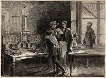 Die zentrale Telegraphenstation in der Creusot-Fabrik. Illustration einer Reise nach Creusot und den Minen von Saone und Loire, 1865, von L. Simonin, in 