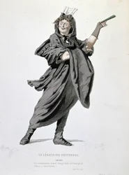 Die Figur des Crispin in „Der universelle Legat“ (1708) von Jean François Regnard (1655 - 1709). Gravur des 19. Jahrhunderts