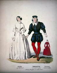 Die Charaktere Gilda, Rigoletto und Giovanna im 3. Akt der Oper „Rigoletto“ von dem italienischen Komponisten Giuseppe Verdi (1813-1901)