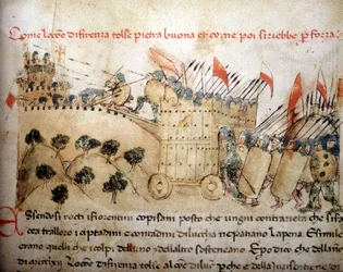 Die Stadt Florenz eroberte Pietrabuona, das später von den Einwohnern von Lucca übernommen wurde - in „Croniche del Sercambi“, um 1400. Nationalarchiv, Lucca