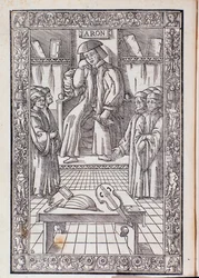 Der Komponist und Musiktheoretiker Pietro Aaron als Vorsitzender unter seinen Schülern. Illustration aus Toscanello in musica