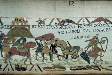 Die Eroberung der Bretagne durch die Armee des Herzogs der Normandie Wilhelm der Eroberer (1027-1087): das Überqueren des Flusses Couesnon auf der Höhe von Mont Saint Michel, Männer und Pferde versinken im Treibsand (Detail des Teppichs von Bayeux oder Sti