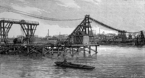 Der Bau der Mirabeau-Brücke in Paris (1893): Die Schleusen sehen aus wie Fundamente (nach einem Foto). Gravur in „La Nature: revue des sciences et de leurs applications aux arts et a l