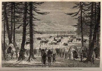 Das Korallenriff für die Rentierjagd im Co-Yukon (Co-Yukon oder Co-Youkouk) (Indianerstamm des äußersten Nordens Kanadas). Gravur zur Illustration der Reise und Abenteuer in Englisch-Kolumbien, Vancouver Island und Alaska, von Frederick Whymper