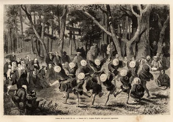 Der Tanz des Reisrundens, der im 10. Monat des Jahres stattfindet, bezieht sich auf Getreideernte. Gravur zur Illustration der Reise nach Japan, von Aime Humbert, Minister der Schweizerischen Eidgenossenschaft, 1863-1864, veröffentlicht in "Le tour du mond