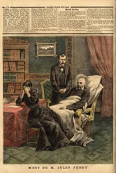 Der Tod von Jules Ferry (1832-1893), ein republikanischer Politiker, Verteidiger der Laienschule und Befürworter der kolonialen Expansion. Gravur in „Le petit journal“ 1/04/1893. Sammlung Selva