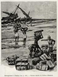 Die Landung bei Chimbye (Tansania) der Peters-Expedition. Gravur zur Illustration der Geschichte 