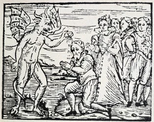 Der Teufel tauft betende Männer und Frauen - Gravur