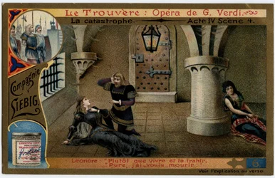 Die Katastrophe Akt IV Szene 4. Illustration zur Oper „Il trovatore“ von Giuseppe Verdi (1813-1901). Chromolithographie (Chromo) Liebig aus dem späten 19. Jahrhundert.