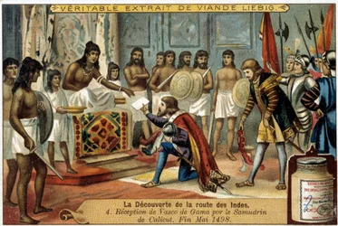 Die Entdeckung des Seewegs nach Indien: Empfang von Vasco da Gama durch den Samudrin von Calicut, Ende Mai 1498 - Werbevignette Liébig