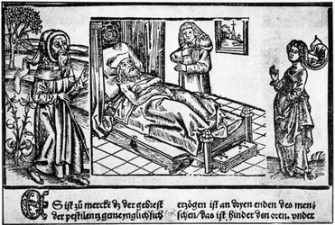 Der Arzt im Bett des Pestkranken, Holzschnitt aus dem „Liber pestilentialis“ von Jérôme Brunschwig, Straßburg