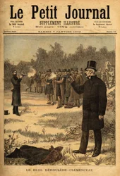 Das Duell mit der Pistole (in Frankreich seit 1626 verboten) zwischen den Abgeordneten Paul Deroulede (1846-1914) und Georges Clemenceau (1841-1929), ohne Schaden. Gravur in „Le petit journal“ 7/01/1893. Selva-Sammlung