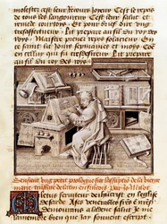 Der Geistliche, Kopist und Übersetzer Jean Mielot (gestorben 1472) bei der Arbeit in seinem Büro. Seite eines Manuskripts aus dem 15. Jahrhundert