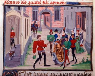 Die Verlobung von Clarisse, Tochter von König Yvon de Gascony und Renaud. Miniatur aus dem Manuskript „Renaud de Montauban“ oder „Les quatre fils Aymon“ von Loyset Liedet (aktiv zwischen 1448 und 1478)